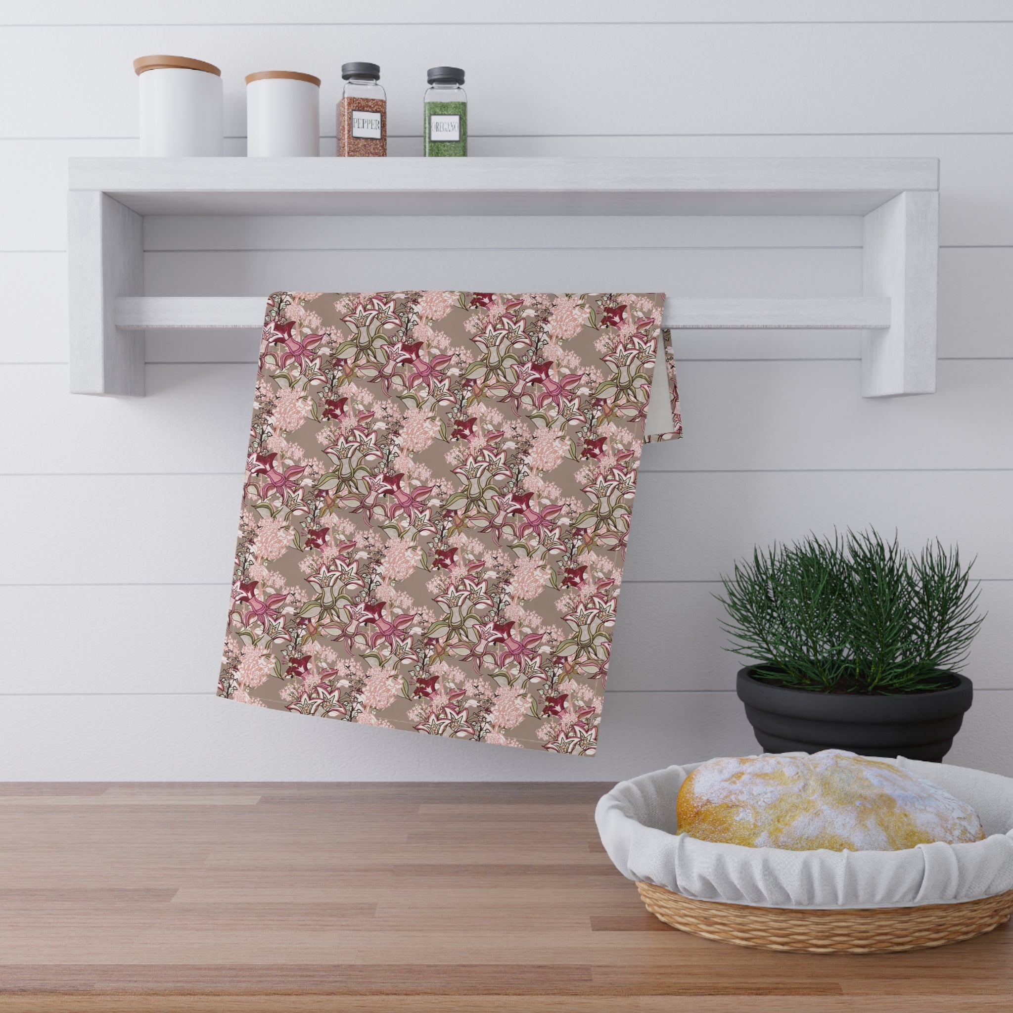 Vintage Wildflowers & Iris Blush Pink Kitchen Tea Towel
