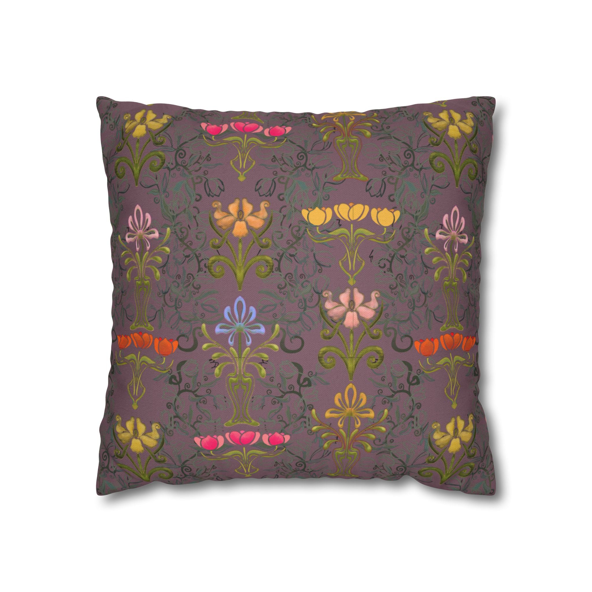 Ornate Floral Tulips in Earth Slate Decorative Square Pillowcase