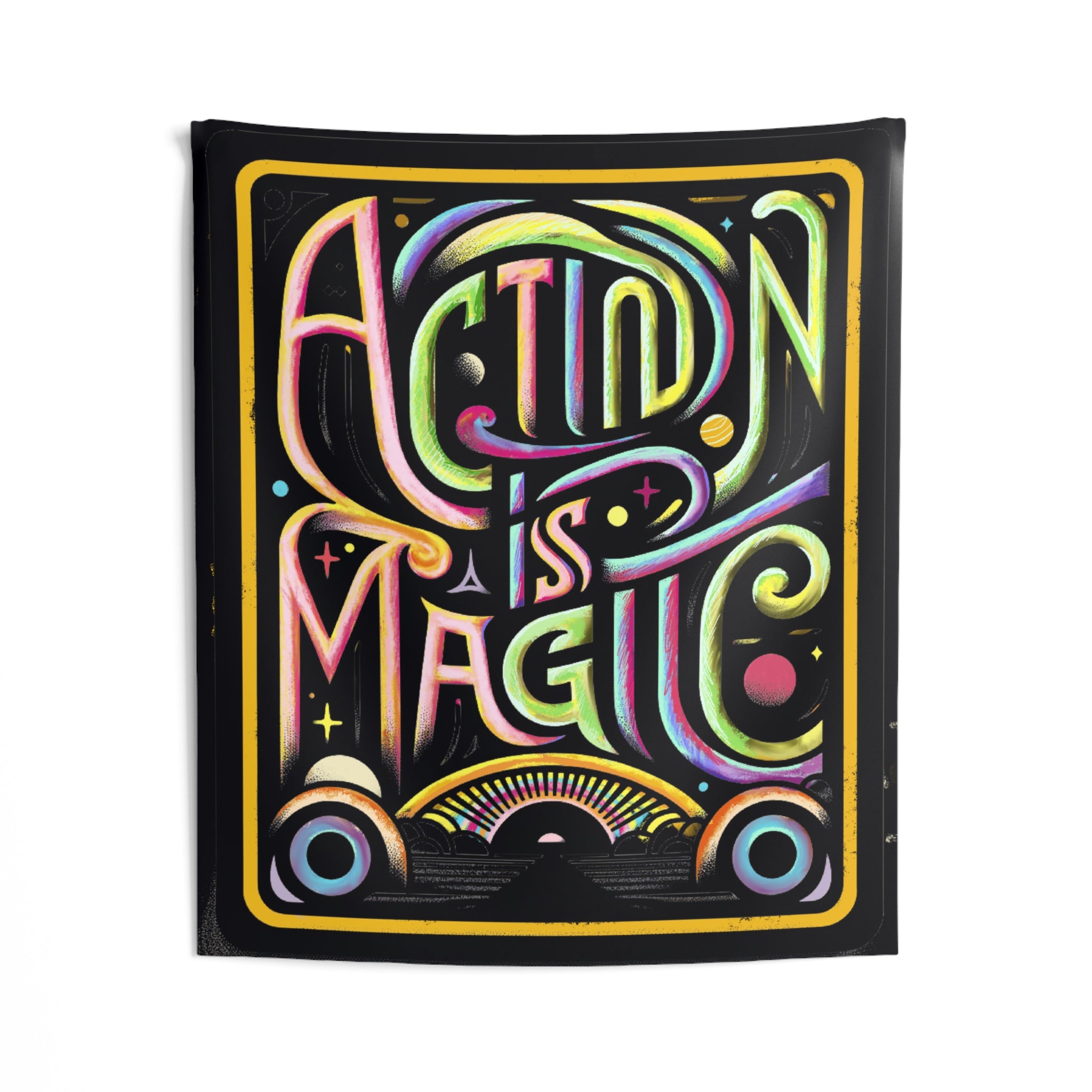 Action Is Magic Blacklight Wall Tapestry — Motivational Bedroom & Reading Nook Decor