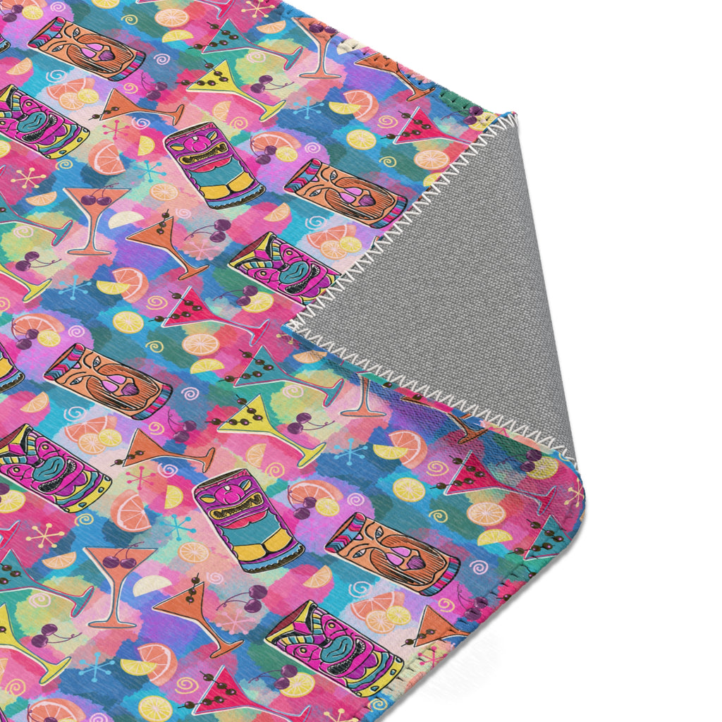 Kitschy Tiki Multicolor Pink Area Rug — Distressed Ornamental Accent Rug for Living Room, She-Sheds & Man Caves