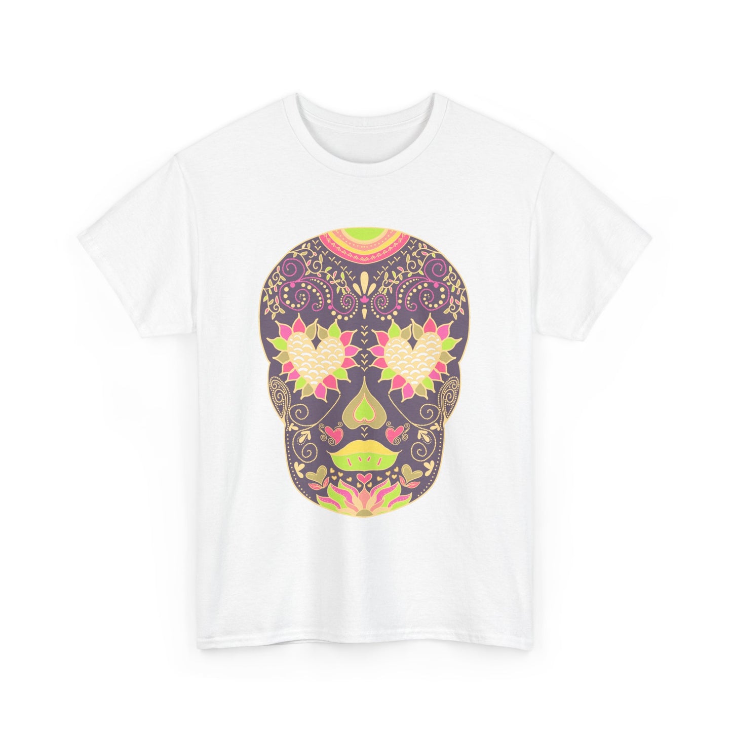 Vibrant Sugar Skull Tee, Unisex Heavy Cotton Tee, Day of the Dead Shirt, Halloween Fashion, Boho Style Top, Colorful Graphic Tee
