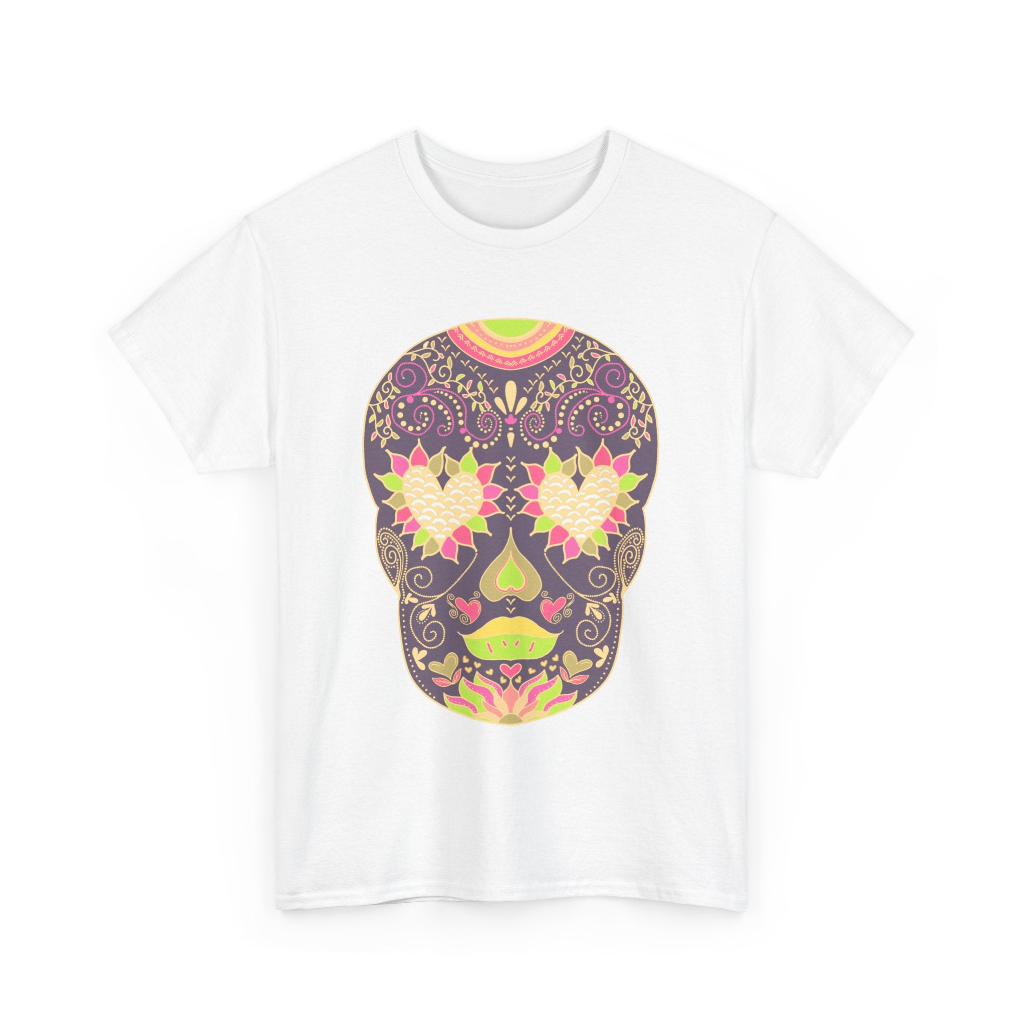 Vibrant Sugar Skull Tee, Unisex Heavy Cotton Tee, Day of the Dead Shirt, Halloween Fashion, Boho Style Top, Colorful Graphic Tee