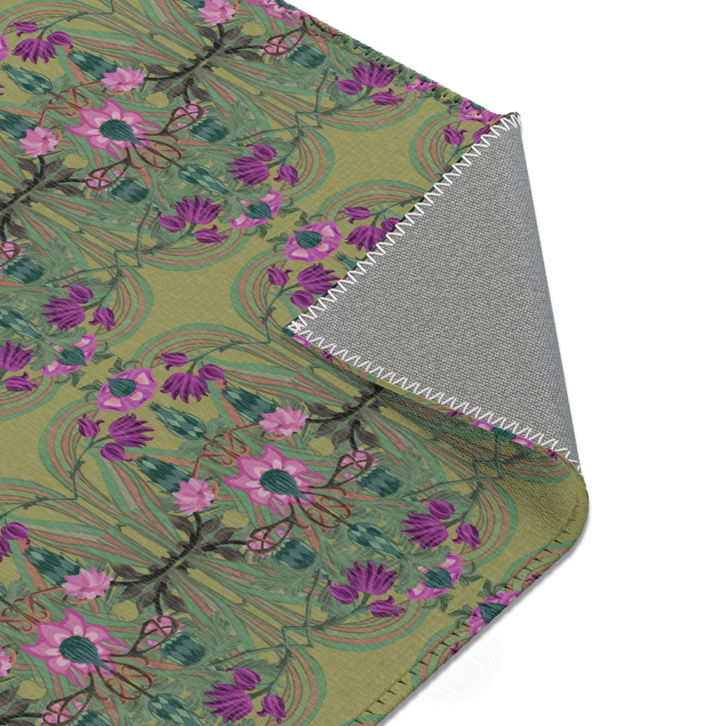 Boho Art Deco Moss & Purple Area Rug — Distressed Ornamental Accent Rug