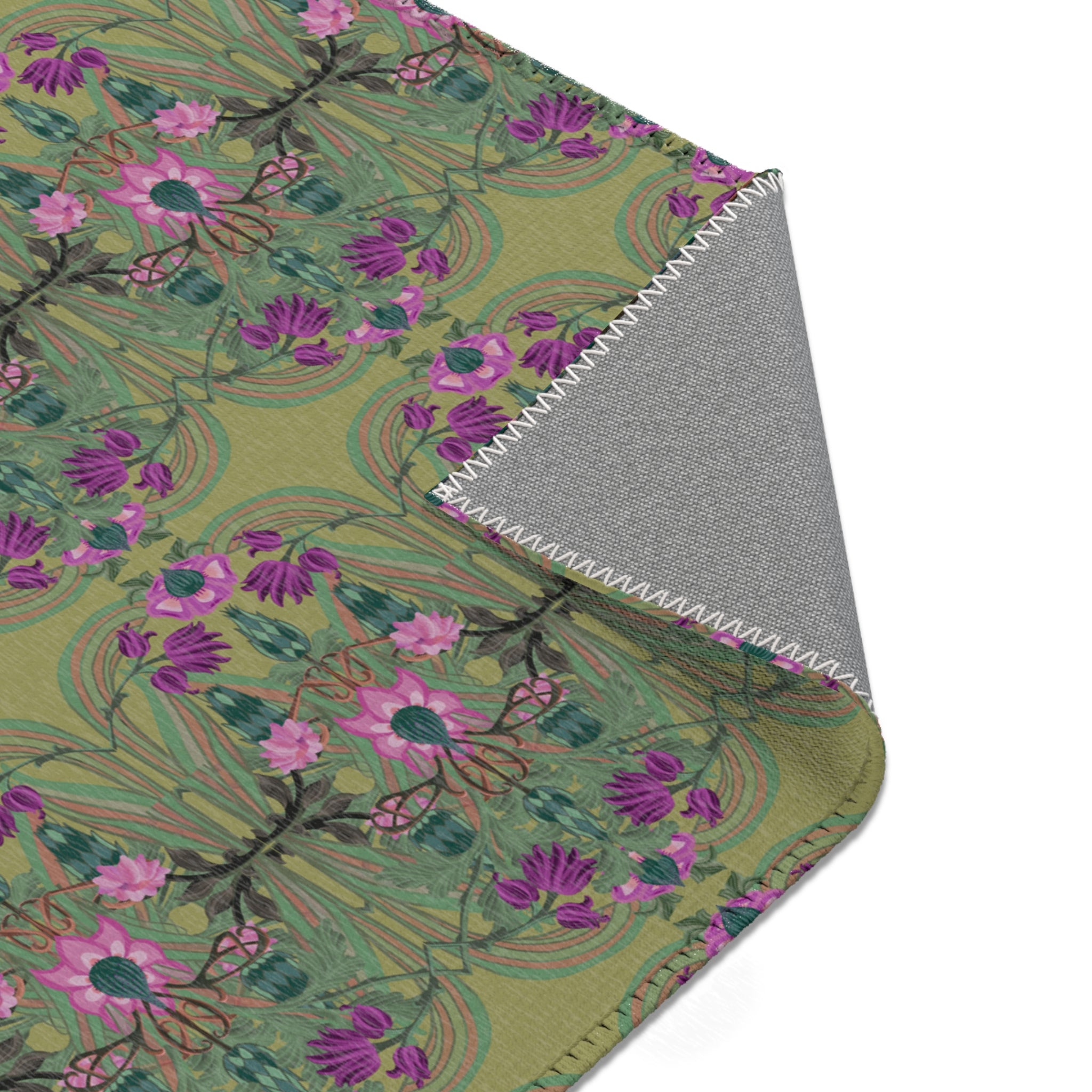 Boho Art Deco Moss & Purple Area Rug — Distressed Ornamental Accent Rug