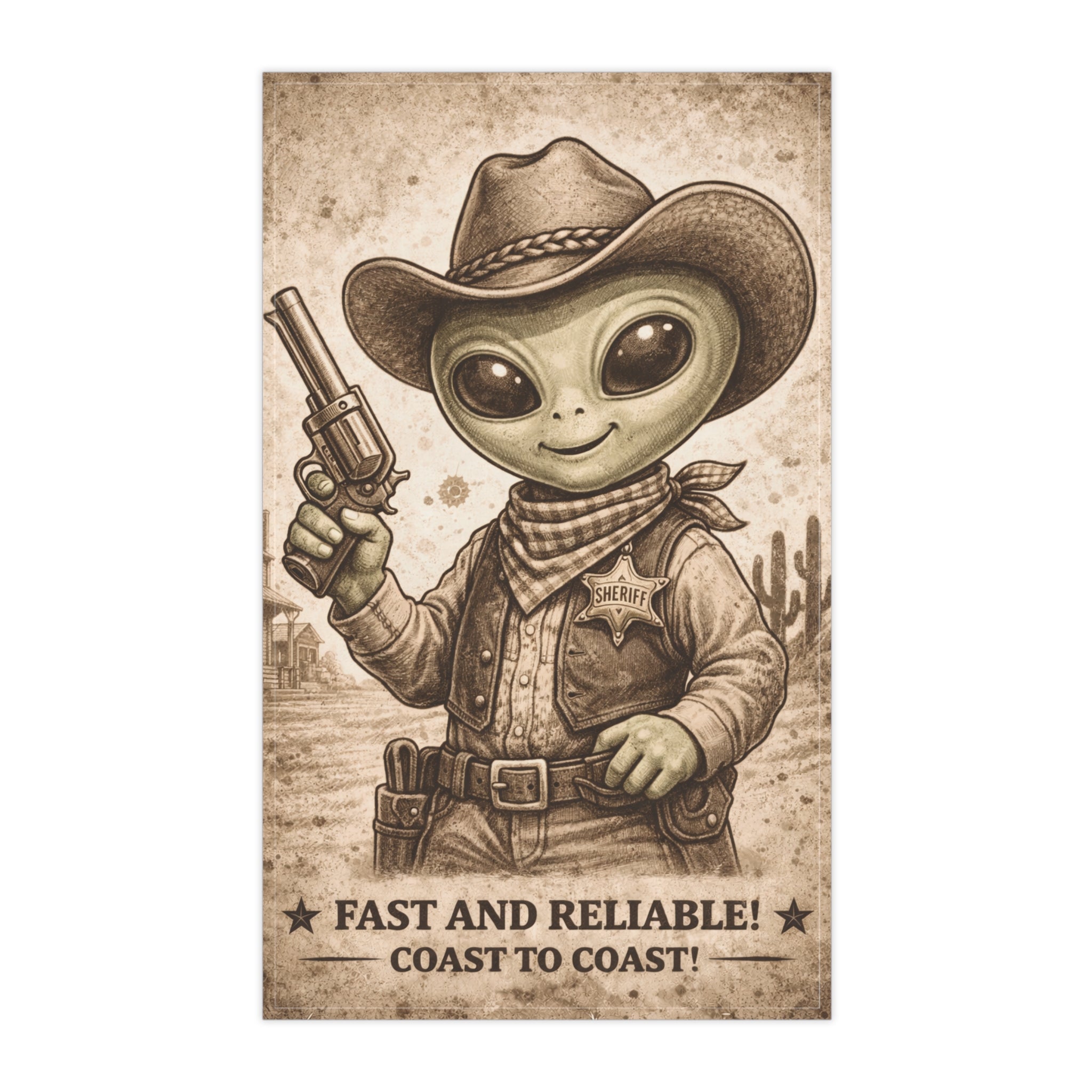 Retro Western Funny Area 51 Alien Sheriff Farmhouse Tea Towel — Design by Leah Quinn©