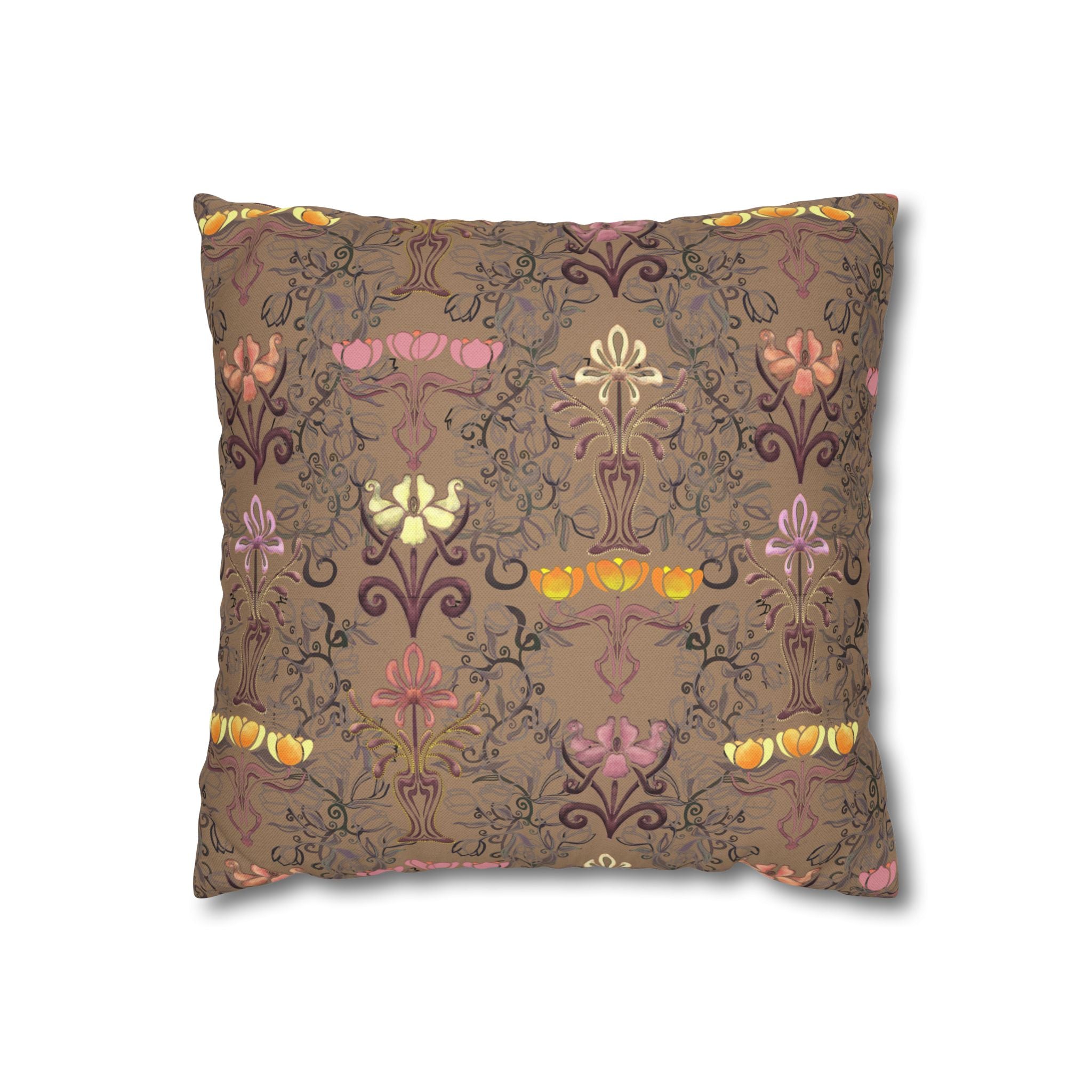 Warm Yellow Ornate Floral Tulips Decorative Square Pillowcase