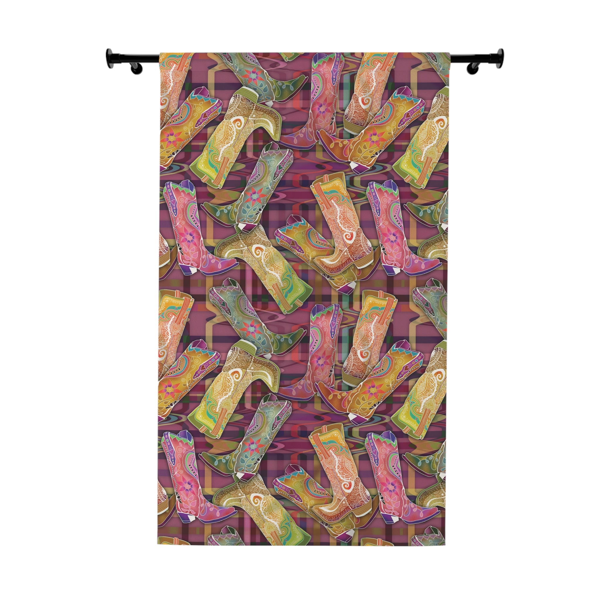 Glamping Cowgirl Boots Blackout Curtain Multi-colored with Purples— Boho Cowgirl Pattern (Single Panel)