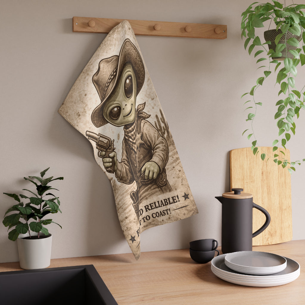 Retro Western Funny Area 51 Alien Sheriff Farmhouse Tea Towel — Design by Leah Quinn©