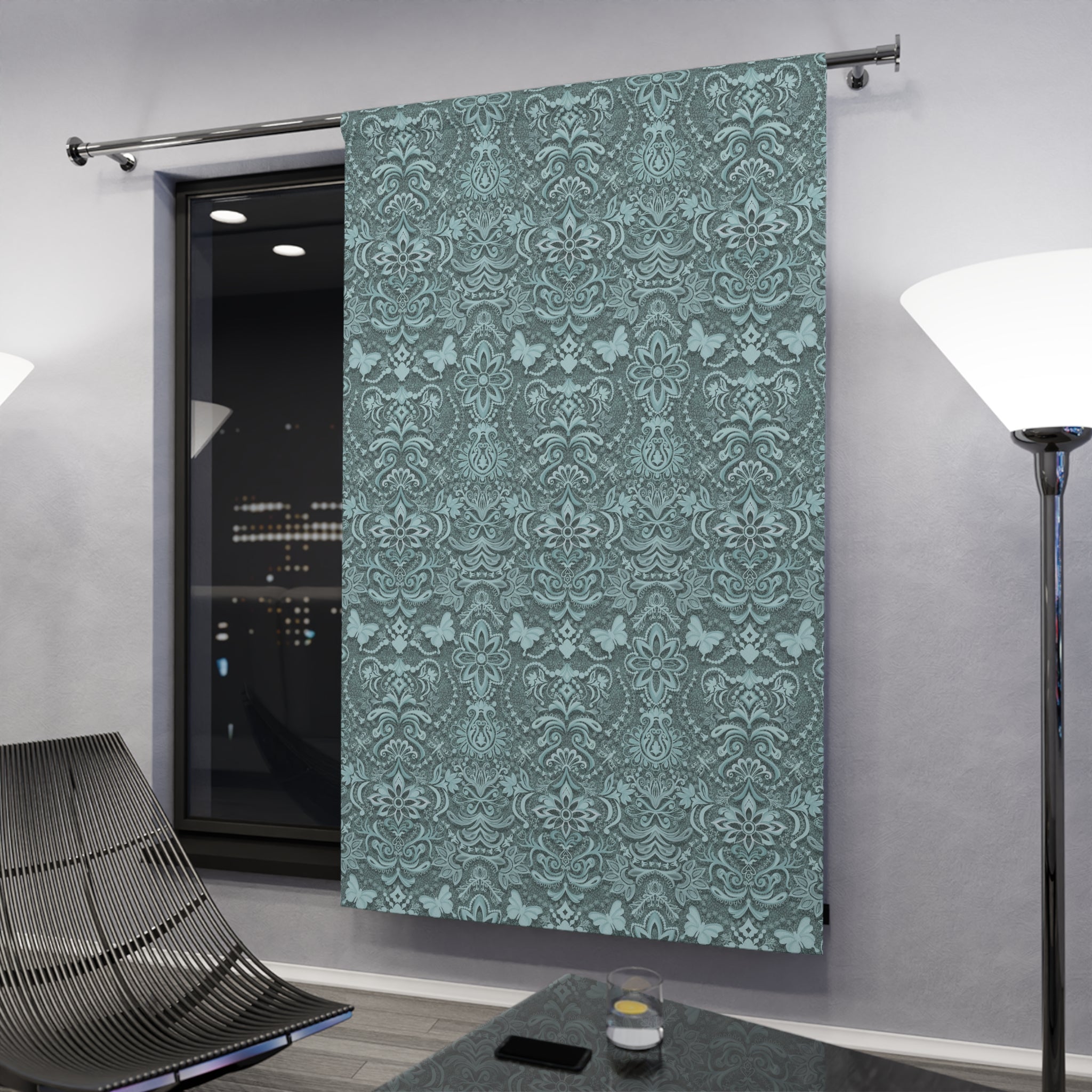Vintage Brocade Deep Teal Blackout Curtain – Floral Single Panel 50x84"