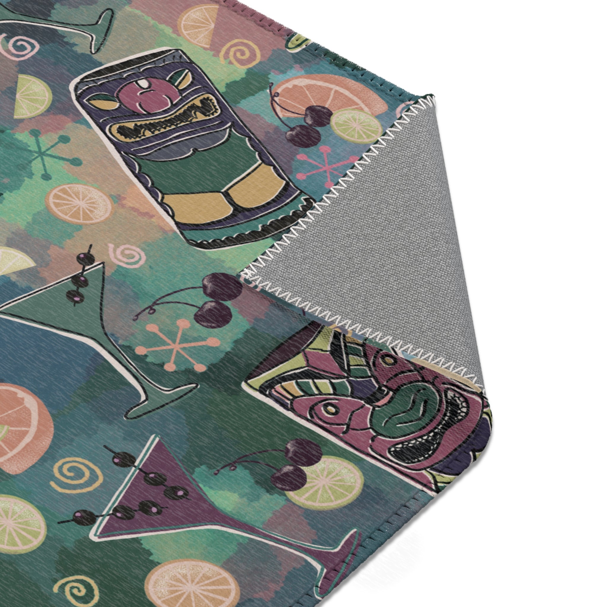 Kitschy Tiki in Pine Green Area Rug — Distressed Ornamental Accent Rug for Living Room, She-Sheds & Man Caves