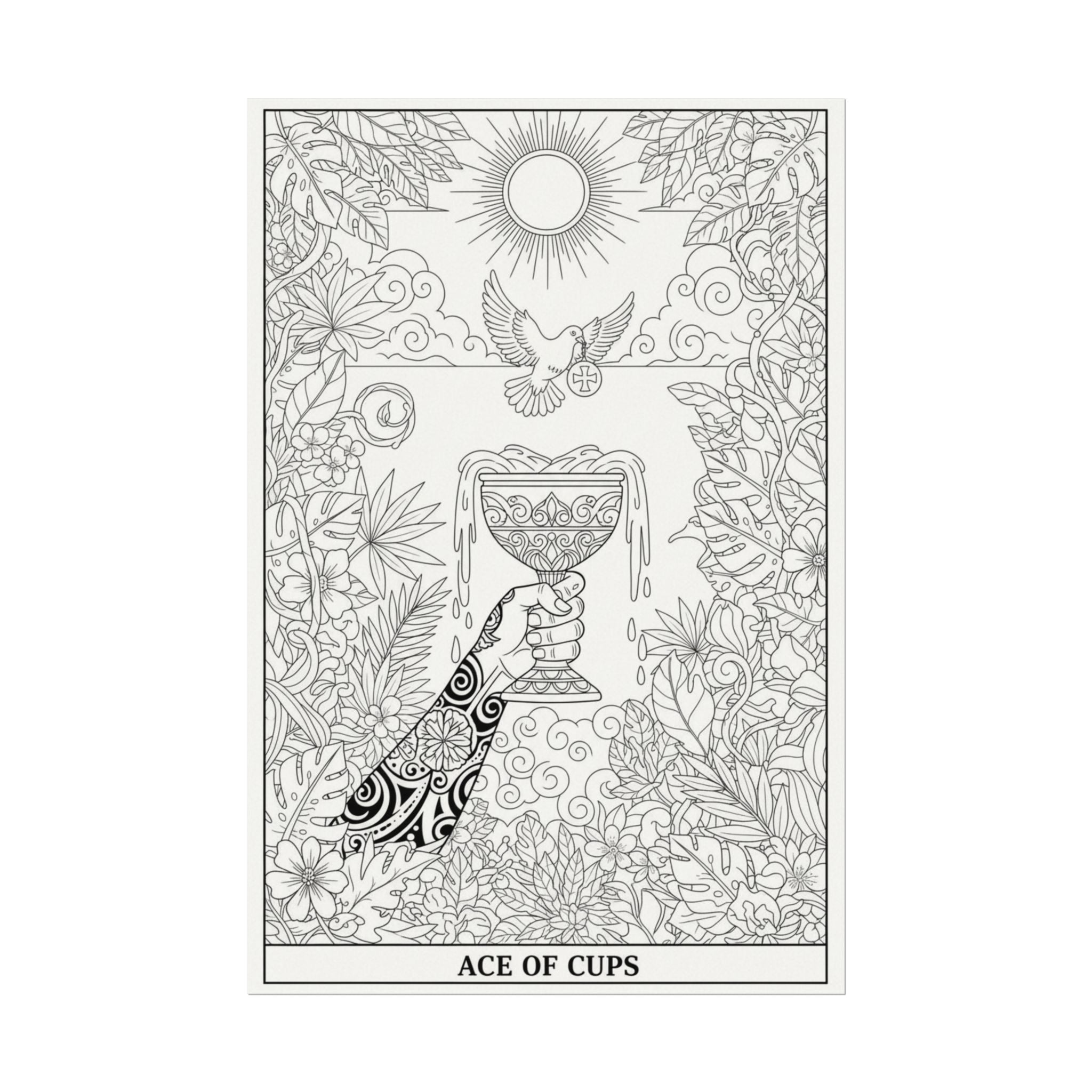 Ace of Cups Tarot Coloring Poster — Large Textured Watercolor Matte Wall Art (16x24, 24x36, 36x54)