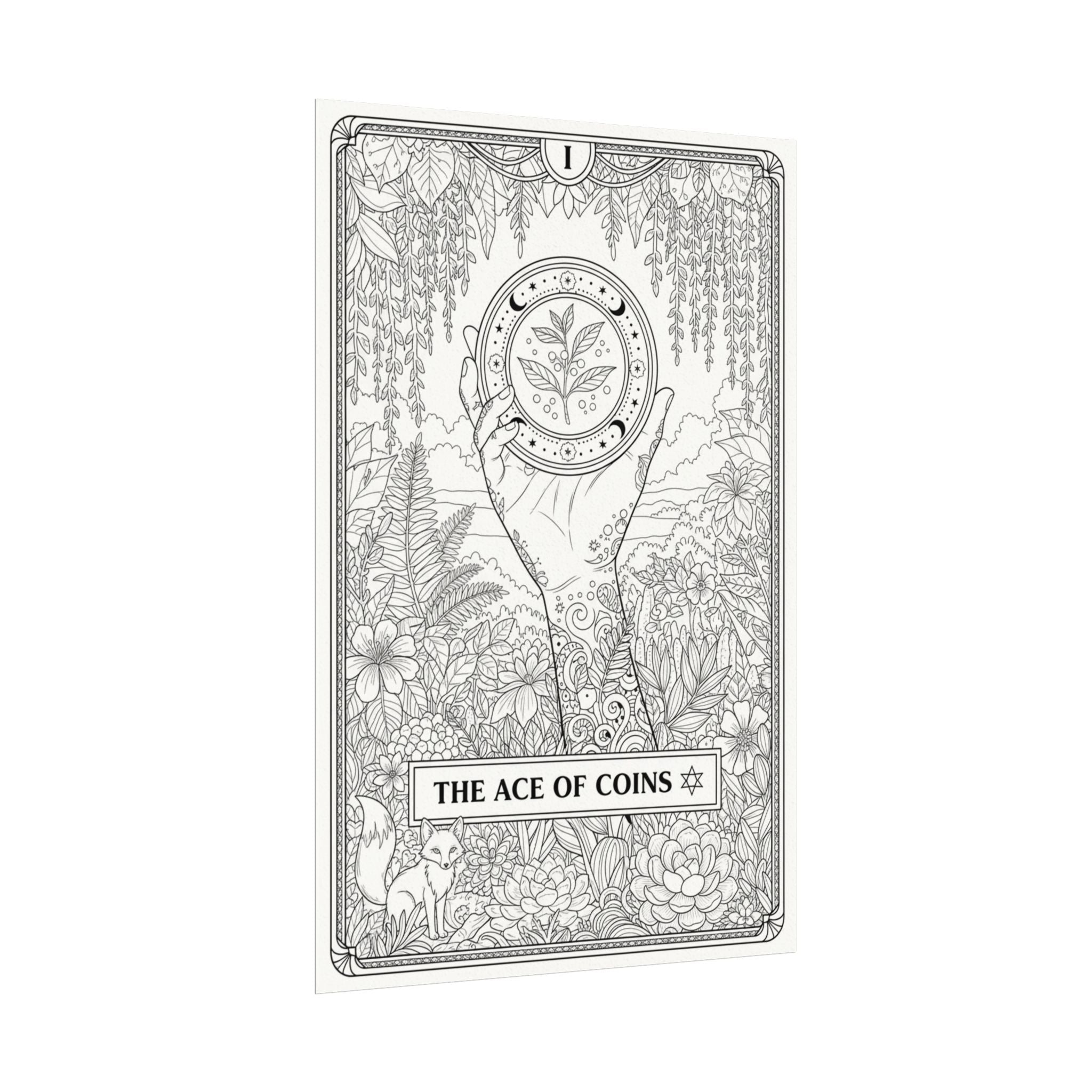 Ace of Coins Tarot Coloring Poster — Large Textured Watercolor Matte Wall Art (16x24, 24x36, 36x54)