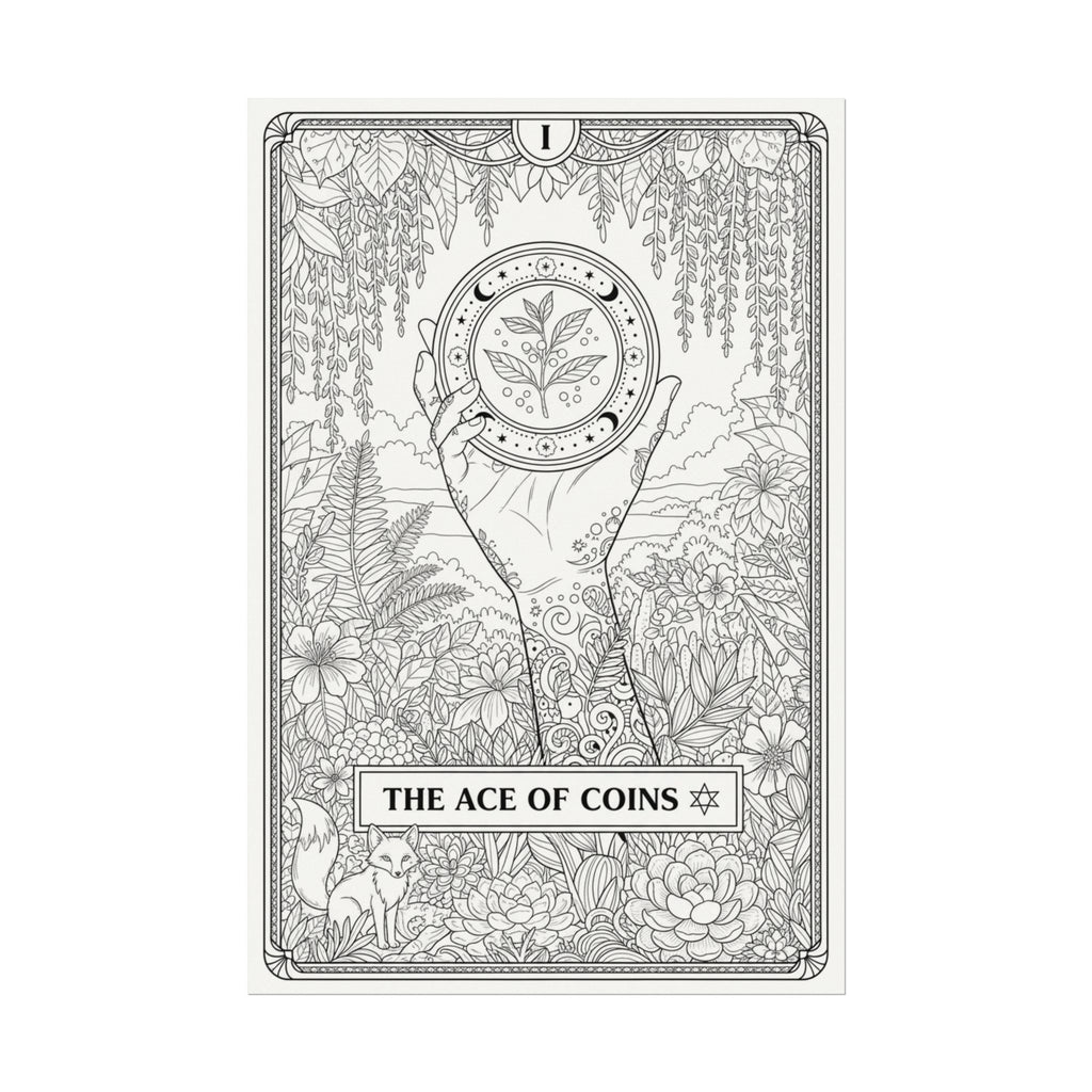 Ace of Coins Tarot Coloring Poster — Large Textured Watercolor Matte Wall Art (16x24, 24x36, 36x54)
