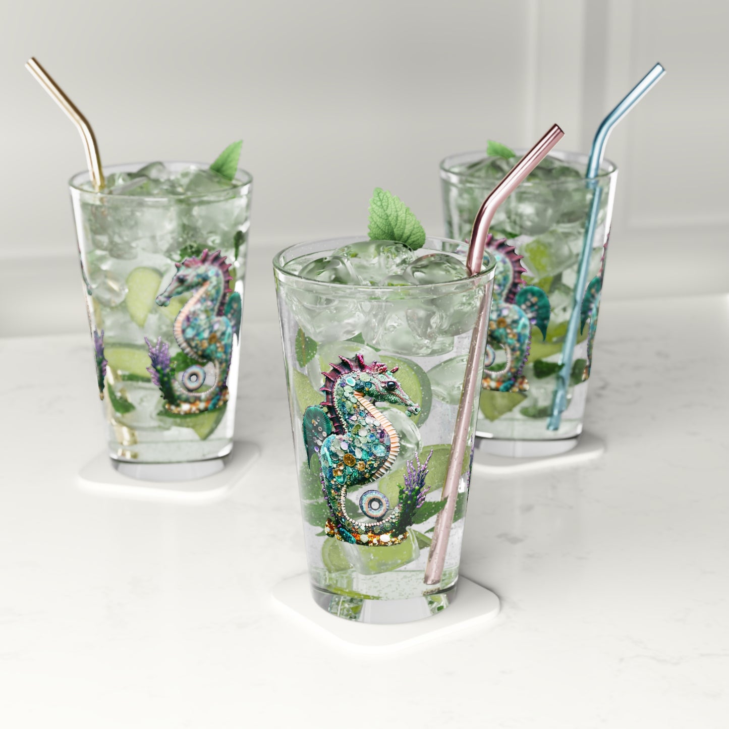 Seahorse Mosaic Crystal Art Pint Glass – 16oz Decorative Sea Creature Beer Glass