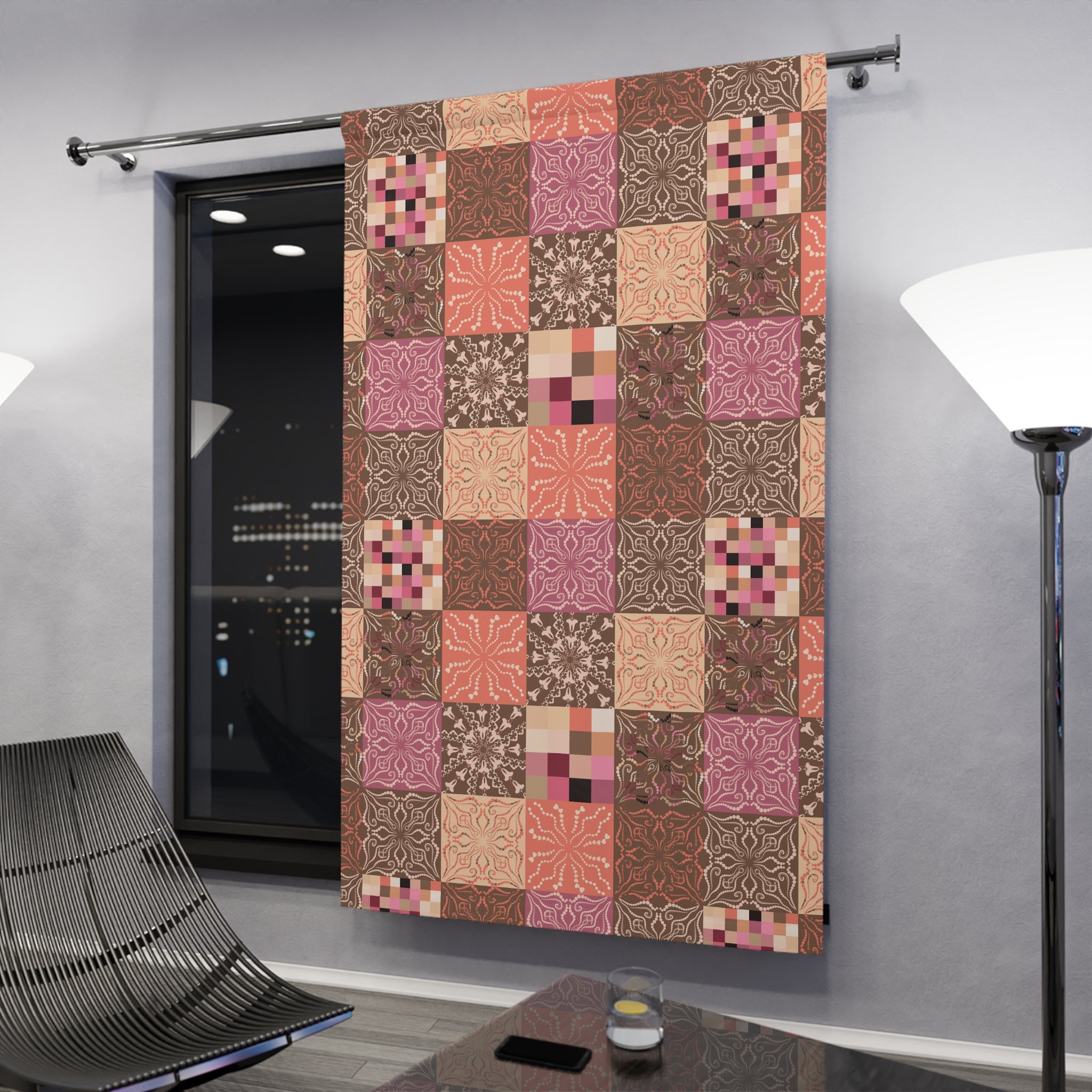 Retro Western Quilt Check Blocks Blackout Curtain — Colorful Single Panel (50x84)