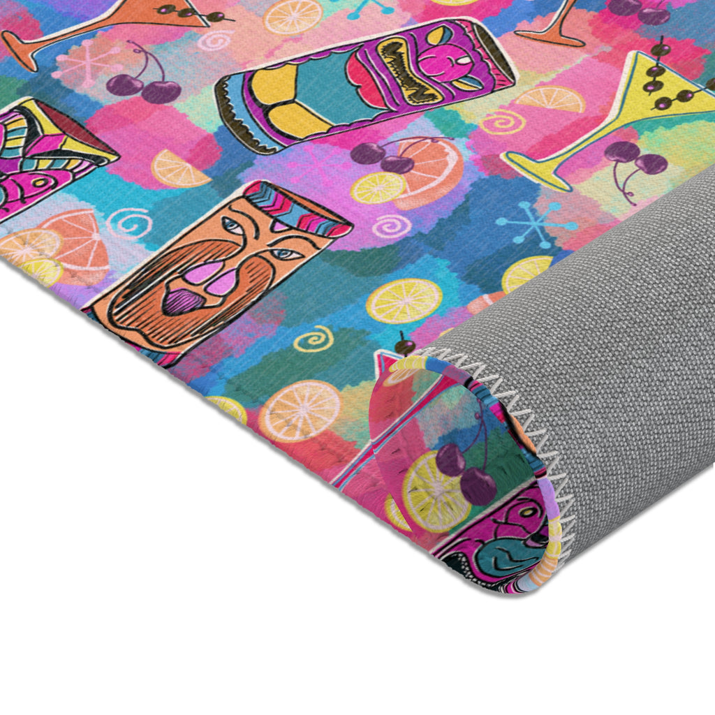 Kitschy Tiki Multicolor Pink Area Rug — Distressed Ornamental Accent Rug for Living Room, She-Sheds & Man Caves