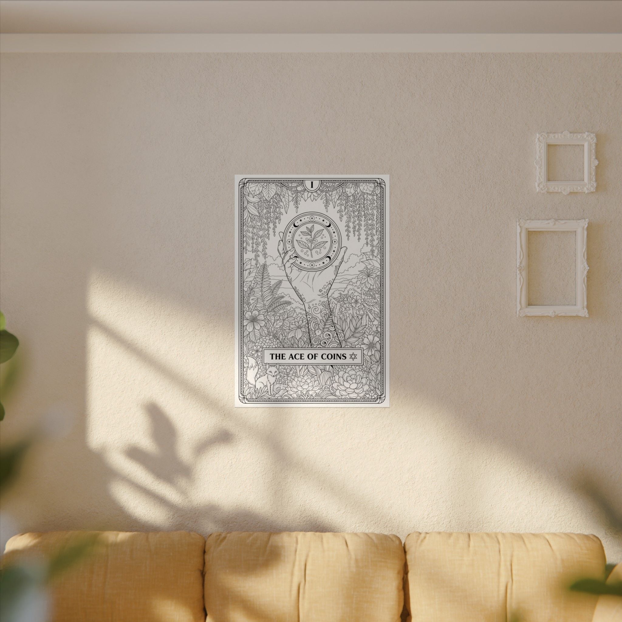 Ace of Coins Tarot Coloring Poster — Large Textured Watercolor Matte Wall Art (16x24, 24x36, 36x54)