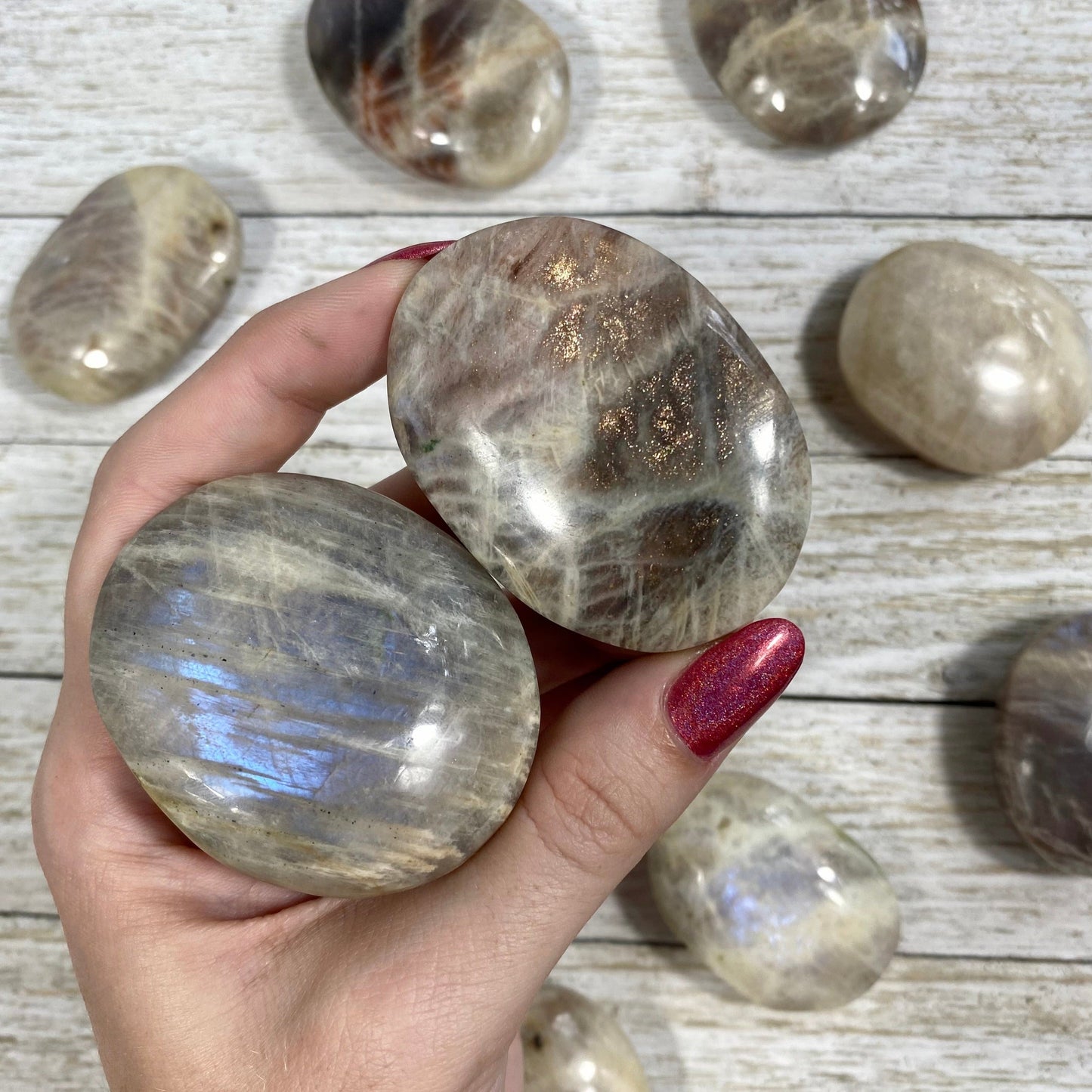 Moonstone with Sunstone Flashy Palm Stone