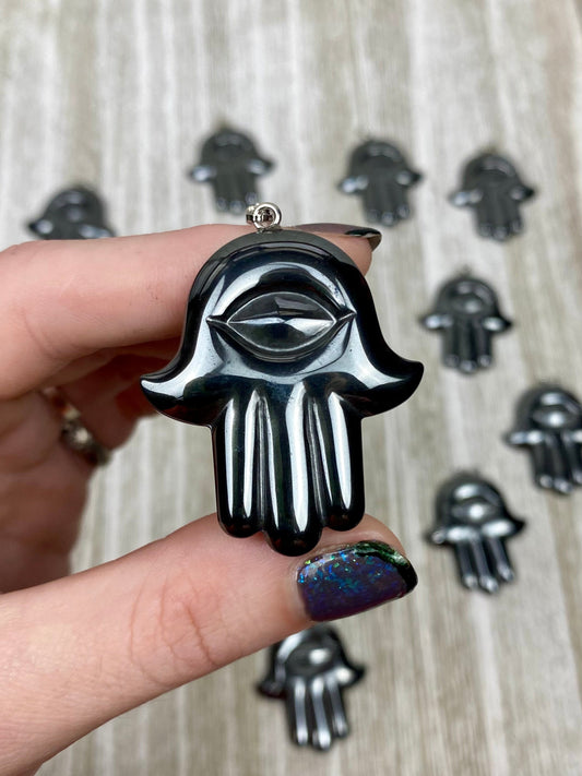Hematite Hamsa Pendant
