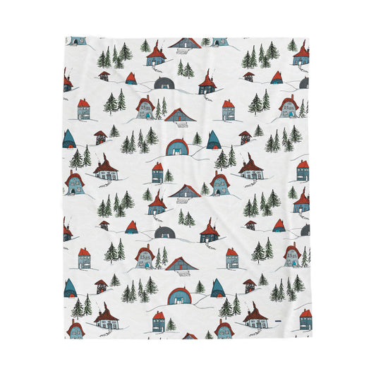 Ski Chalet Cabins Illustration Art work on Plushie Blanket-the9ofcups