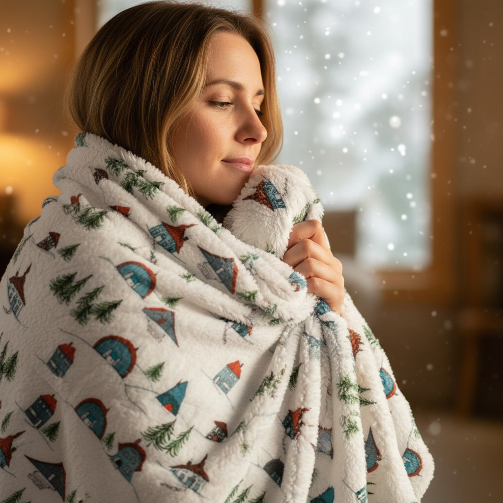 Ski Chalet Cabins Illustration Art work on Plushie Blanket-the9ofcups create closeup mock up
