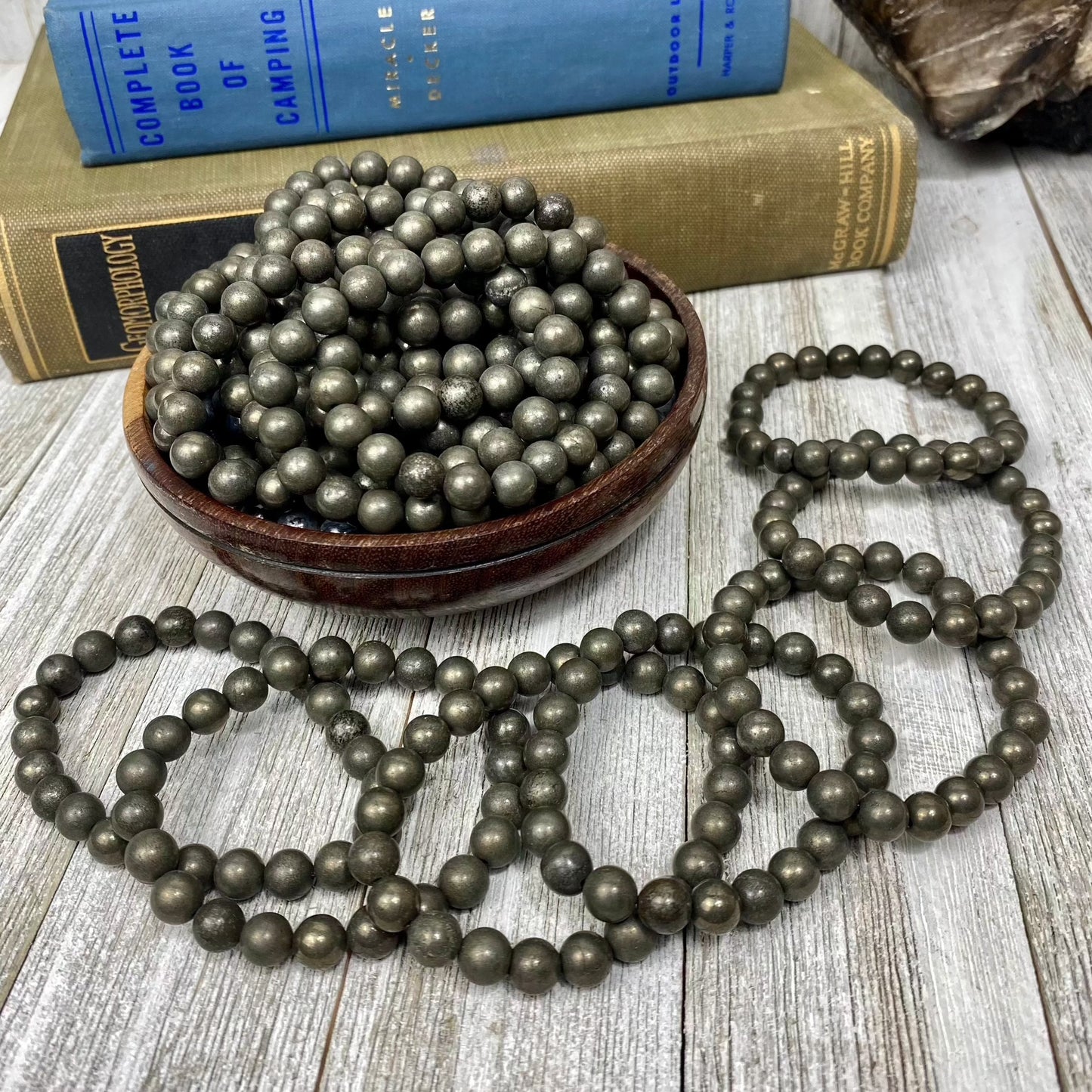 Pyrite 8mm Round Bead Crystal Bracelet