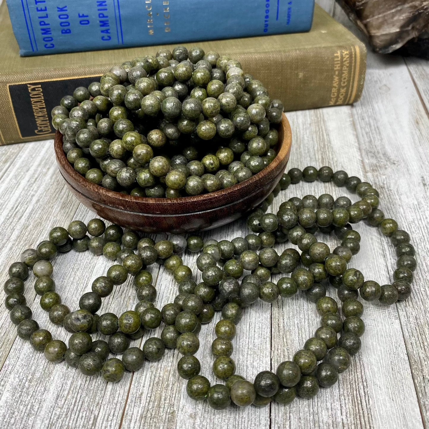 Epidote with Pyrite 8mm Round Bead Crystal Bracelet