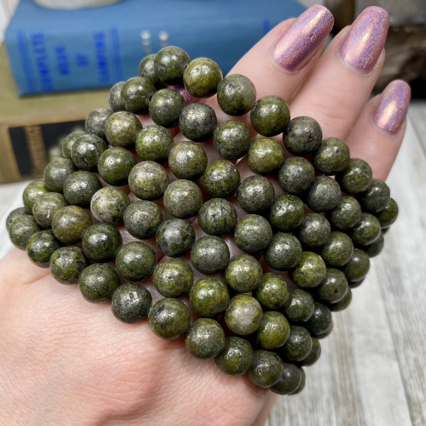 Epidote with Pyrite 8mm Round Bead Crystal Bracelet